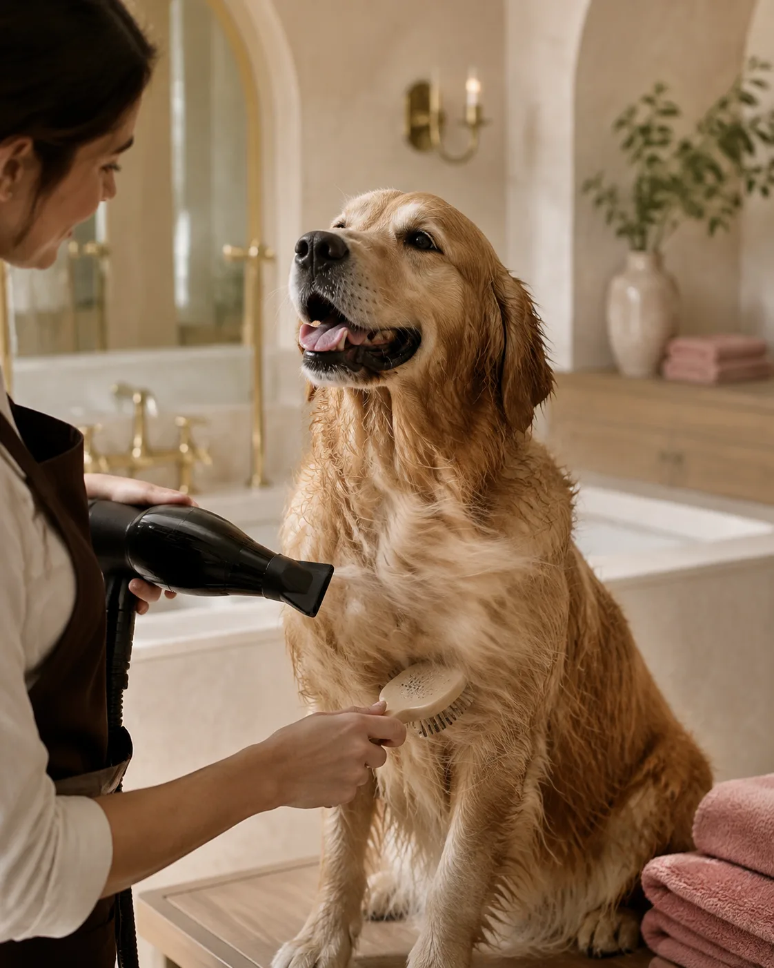A golden retriever being blow-dried and brushed by a groomer