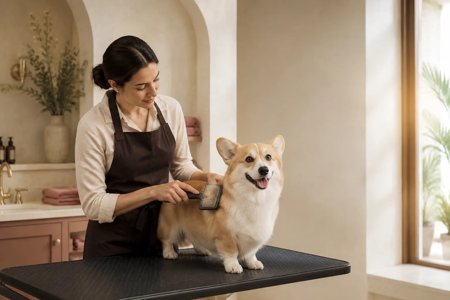 A corgi being brushed out on a grooming table by a window