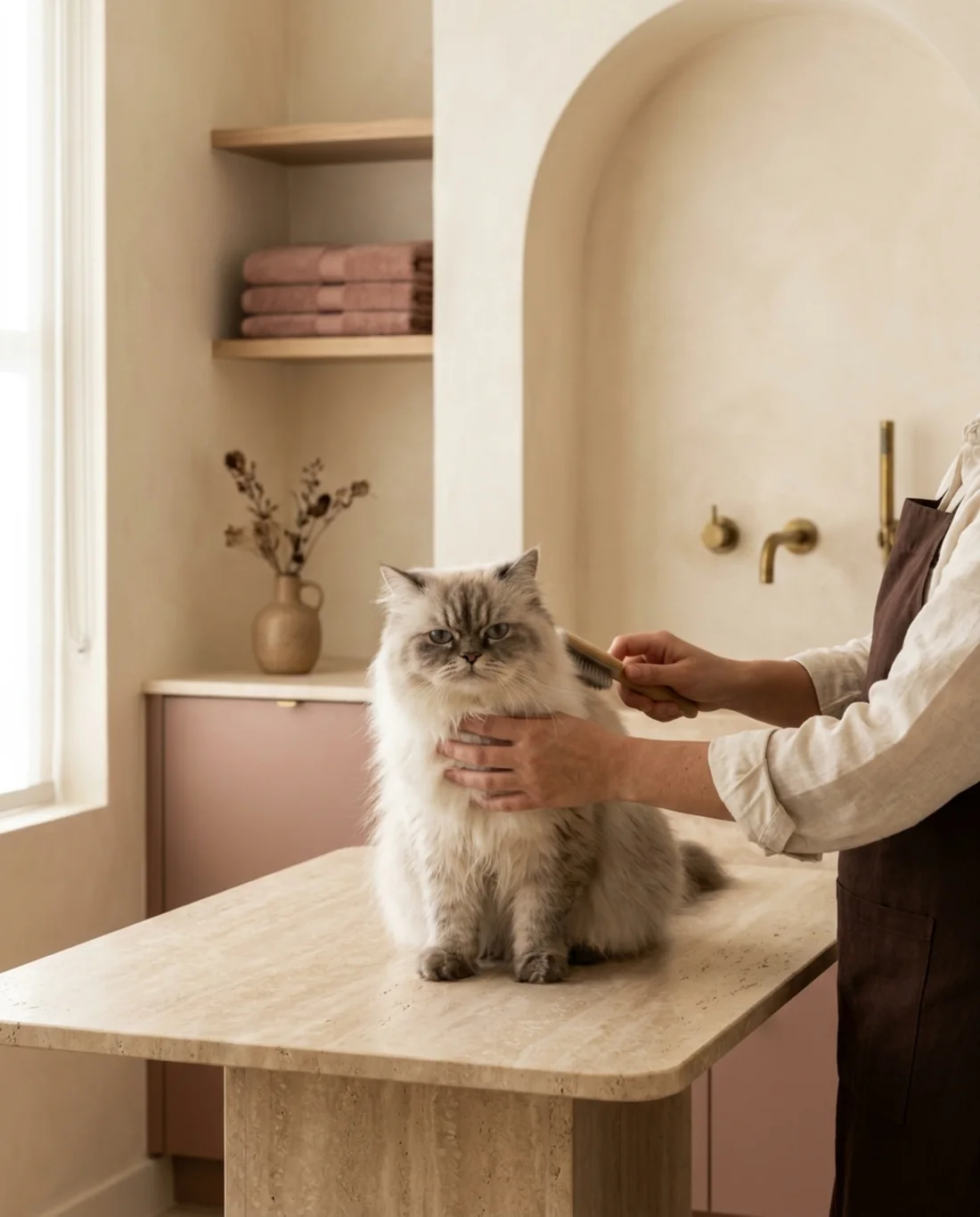 A long-haired Persian cat sitting calmly on a travertine table while a groomer brushes its coat