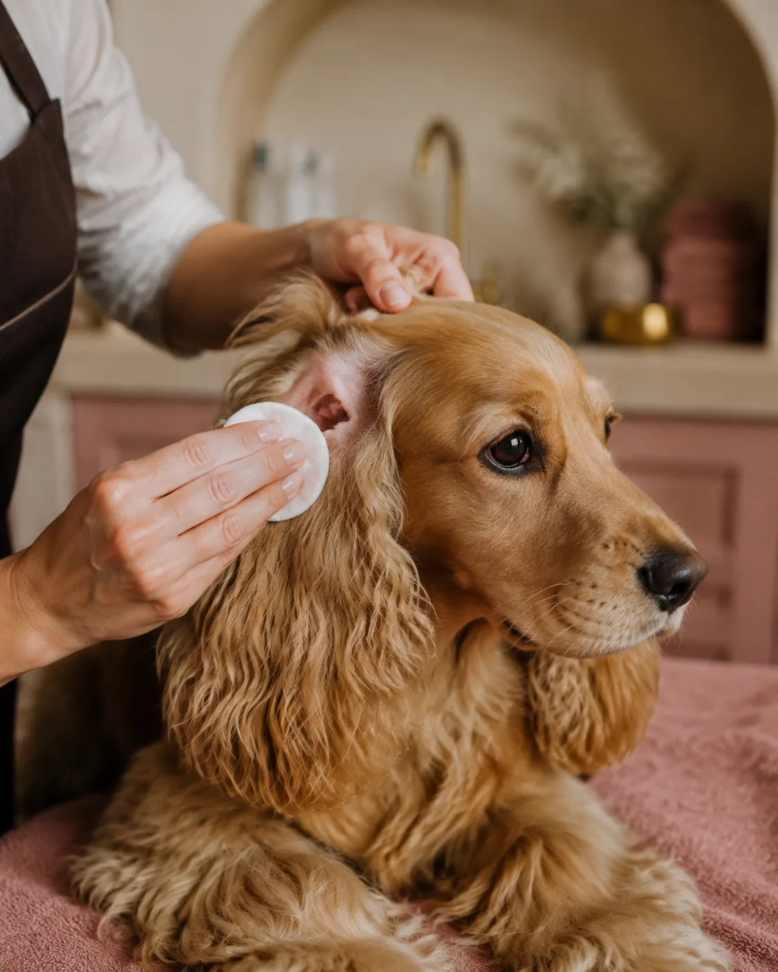 A cocker spaniel having its ears cleaned with a cotton pad