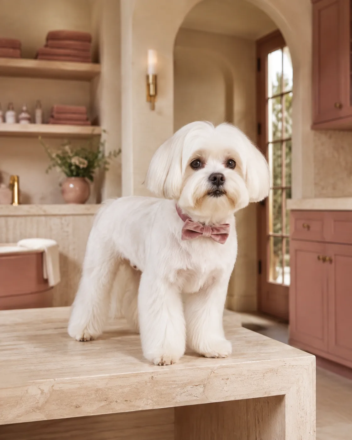 A freshly groomed Maltese in a rose velvet bow tie standing on a travertine table