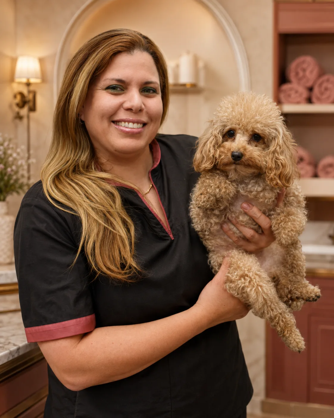 Jennifer Uzcatequi, master groomer and owner of La Bone Pet Spa, holding an apricot poodle