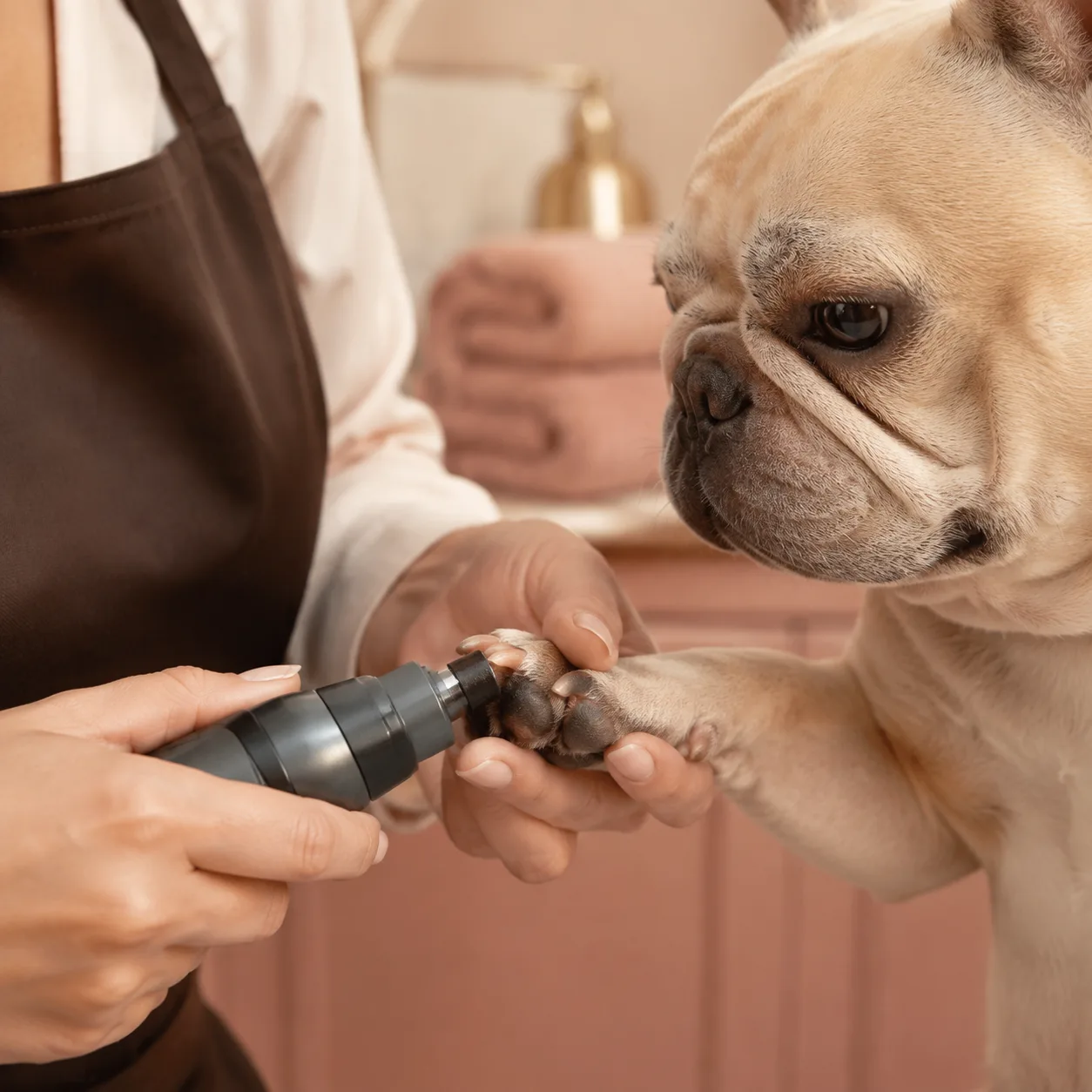 A French bulldog having its nails gently ground smooth