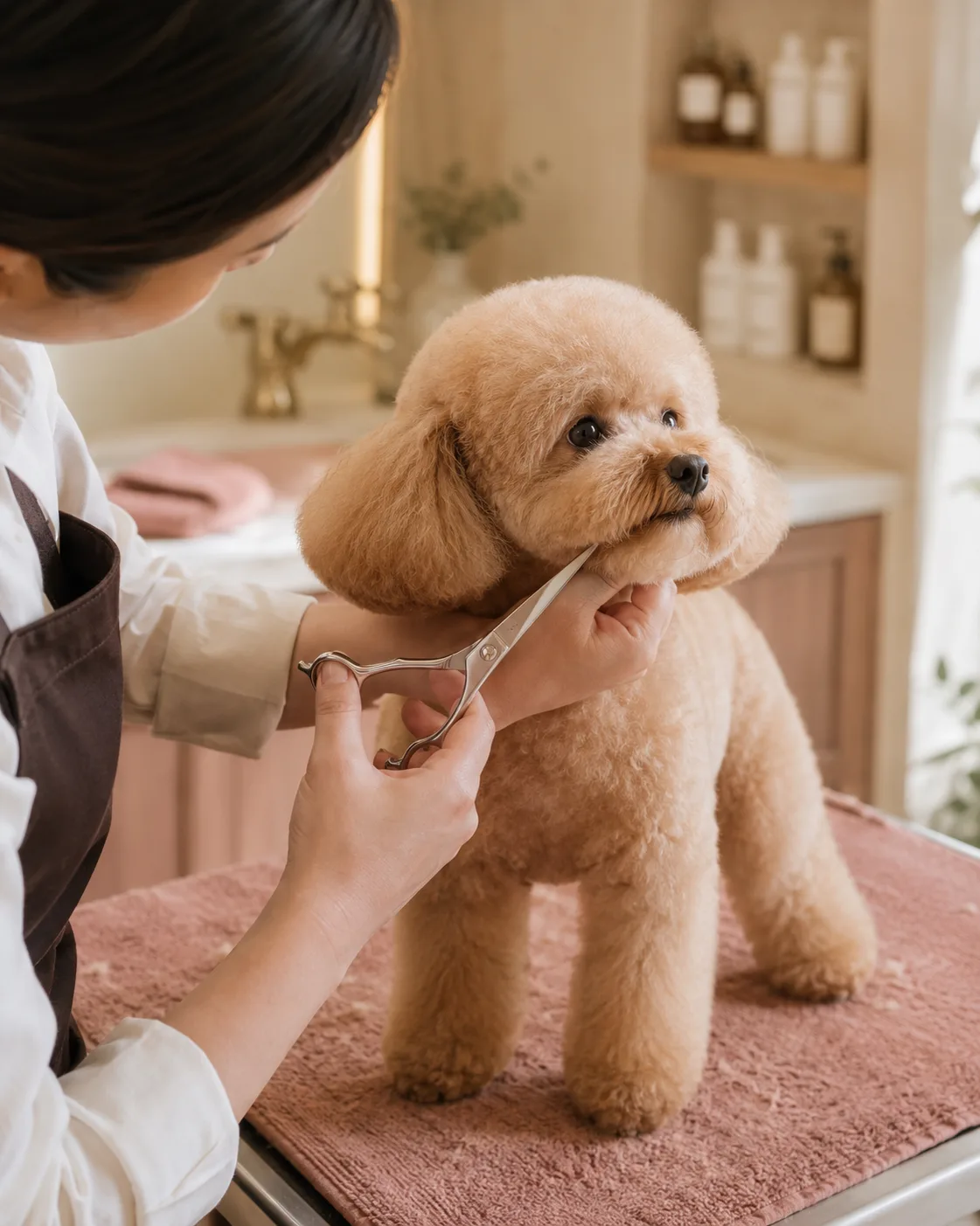 A groomer hand-scissoring an apricot toy poodle