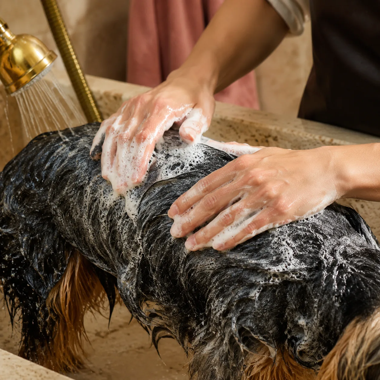 Hands lathering shampoo through a yorkshire terrier’s long coat