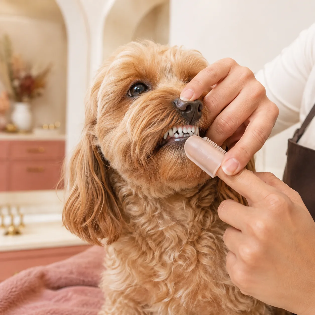 A cavapoo having its teeth brushed with a finger brush