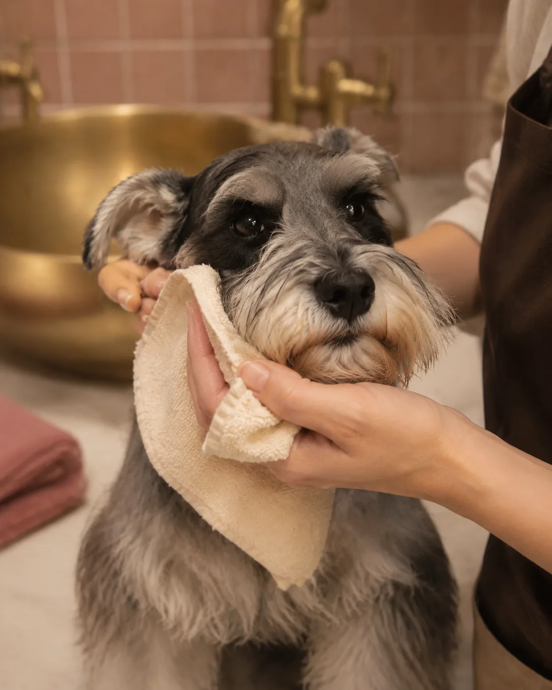 A miniature schnauzer having its face gently towel-dried